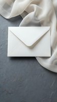 Elegant white envelope on gray slate surface with flowing silk fabric creating romantic atmosphere for wedding invitations and luxury correspondence.