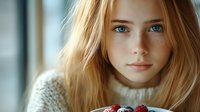Young blonde woman with blue eyes wearing cozy knit sweater, natural lighting portrait for lifestyle and fashion content.
