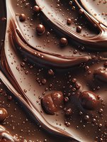 Swirling liquid chocolate with bubbles and spherical drops creating abstract patterns and textures, macro photography for confectionery and dessert designs.