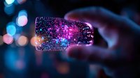Glowing smartphone screen reflecting digital network pattern with vibrant purple and blue bokeh lights in dark background, creating futuristic technology concept.
