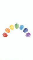 Seven watercolor gemstones arranged in a rainbow arc, isolated on white background. Includes red, orange, yellow, green, blue, indigo and purple oval stones for design projects.