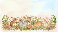 Adorable woodland animals including hamsters, mice and hedgehog nestled among colorful spring flowers and green foliage in watercolor style.