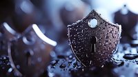 Water droplets on metallic shield-shaped security badge with keyhole, dramatic dark background with bokeh lights creates cybersecurity concept.