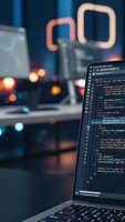 Software developer coding on laptop with programming code on screen in modern office workspace with blurred monitors and warm lighting atmosphere.