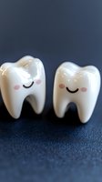 Cute cartoon teeth figurines with smiling faces and rosy cheeks on dark background. Dental care concept for children's dentistry and oral health education.