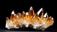 Amber-colored quartz crystal cluster formation with multiple pointed terminations on black background, raw mineral specimen showing natural growth pattern.