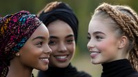 Three diverse young women smiling and looking at each other, wearing different cultural head coverings and hairstyles, representing friendship, unity and inclusivity.