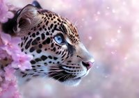 Majestic leopard with striking blue eyes gazing upward against soft pink cherry blossoms background, creating dreamy artistic wildlife portrait with bokeh effect.