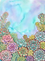 Colorful watercolor succulent garden with pastel teal, pink and purple hues on a soft blue background, great for prints and cards.