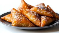 Golden fried pastries dusted with powdered sugar on dark plate. Sweet dessert treats ready for serving at bakery or restaurant menu.