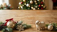 Festive holiday garland with gold and silver ornaments, red ribbon bow, and evergreen branches arranged on wooden table with decorated tree in soft focus background.