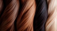 Diagonal strands of hair in different natural shades from platinum blonde to dark brown showing smooth, glossy texture for hair care and beauty industry.
