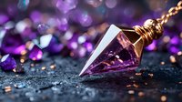 Purple crystal pendulum with wire wrap on dark background with magical bokeh lights and glitter, spiritual healing concept for meditation and divination practices.