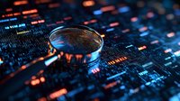 Magnifying glass on digital data with glowing numbers and code in blue and orange colors, concept of digital forensics and cybersecurity analysis.