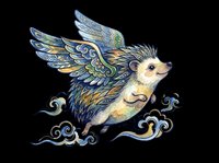 Hedgehog with ornate fairy wings and decorative cloud swirls, isolated on transparent background. Ready for t-shirt design, stickers, clipart, sublimation, print-on-demand products and digital crafts.
