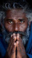 Close-up portrait of mature man with striking gray hair and beard, praying with clasped hands against blue background, expressing deep spiritual connection.