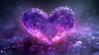Magical glowing heart shape formed by purple sparkles and light particles against dark background with bokeh effect, romantic fantasy atmosphere.