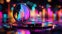 Vibrant neon lights reflected in crystal ball on reflective surface with colorful bokeh background creating magical atmosphere for creative photography.