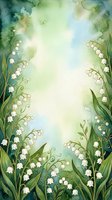 Watercolor lily of the valley floral frame with soft green background and white bell flowers, copy space for wedding or spring design.