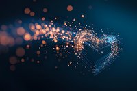 Glowing heart shape formed by luminous particles and light trails against dark blue background, romantic digital art concept for Valentine's Day and love themes.