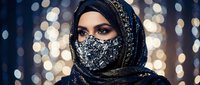 Middle Eastern woman wearing ornate black hijab with golden embroidery and face veil against bokeh lights background for luxury fashion and cultural diversity concepts.