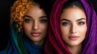 Two diverse young women wearing vibrant headscarves in blue and purple tones against dark background, showcasing natural beauty and cultural fashion elements.