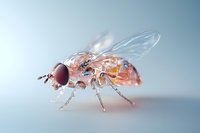 Detailed macro photograph of fruit fly with translucent wings and distinctive red compound eyes against soft blue background, showcasing intricate insect anatomy.