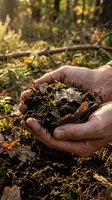 Hands holding rich organic compost soil with decomposed leaves and natural fertilizer for sustainable gardening and agriculture practices.