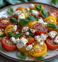 Fresh caprese salad with red and yellow tomatoes, mozzarella cheese cubes, basil leaves and black pepper served on ceramic plate, close up view.