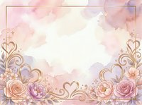 Romantic floral frame with watercolor background, ornamental gold hearts and scrolls, pink roses and peonies, isolated on white for wedding invitations and greeting cards.