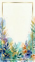 Watercolor floral frame with gold border, featuring botanical elements in blue, purple, orange and green tones on cream background. Isolated design ready for invitations, cards and stationery.