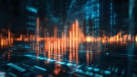Digital orange sound wave visualization on dark background with blue technology elements and binary code for music or financial data analysis.