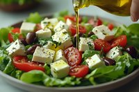 Fresh Greek salad with feta cheese, tomatoes, olives and herbs being drizzled with golden olive oil on white plate for healthy Mediterranean cuisine.
