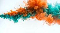 Orange and teal ink clouds swirling in water creating abstract fluid motion on white background for creative design projects and artistic compositions.