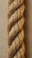 Close-up of thick braided natural jute rope with detailed fiber texture against neutral background for nautical and rustic design projects.
