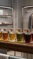 Row of glass bottles with cork stoppers containing various shades of essential oils, perfumes, or liquid samples displayed on wooden shelf in modern laboratory or retail setting for fragrance testing.