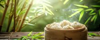 Steamed dumplings in traditional bamboo basket on wooden surface with green bamboo leaves and sunlight creating atmospheric Asian food scene.