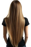 Back view of long straight blonde hair on woman wearing black t-shirt, showing healthy shiny hairstyle against white background. Perfect for beauty and haircare advertising.