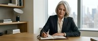 Mature woman with gray hair, Caucasian ethnicity, wearing professional black blazer and cream blouse, seated at wooden desk in modern office with city skyline view, writing on document with focused expression.