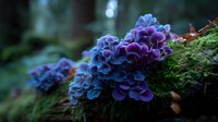Vibrant purple and blue hydrangea flowers growing on moss-covered log in mystical forest setting, creating enchanting woodland atmosphere.