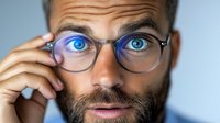 Close up portrait of bearded man with bright blue eyes wearing glasses against light background, expressing surprise and curiosity with raised eyebrows.