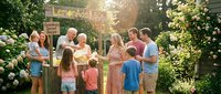 Multigenerational family gathered at lemonade stand in sunny garden with flowering plants and wooden sign, children and adults selling refreshments together.