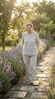 Senior Caucasian woman walking peacefully on stone path through lavender garden at golden hour sunset, wearing casual linen clothing for wellness lifestyle.