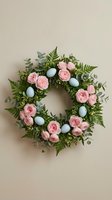 Easter wreath with pink roses, blue eggs, and green ferns on neutral background for spring holiday decoration and seasonal home decor projects.