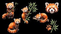 Red panda collection featuring cute isolated characters in various poses with bamboo branches, transparent background, ready for t-shirt designs, stickers, clipart and print-on-demand products.