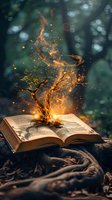 Magical open book with glowing tree emerging from pages surrounded by golden sparks and bokeh lights for fantasy storytelling and education concepts.