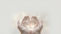 Cupped hands holding glowing light bulb against soft beige background, symbolizing innovation, ideas, energy savings, and sustainable business solutions.