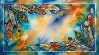 Watercolor peacock feathers frame with colorful plumage border on textured background. Decorative ethnic boho style design for invitations and art projects.