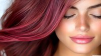Young woman with pink dyed hair and natural freckles smiling with closed eyes, showing flawless skin and pink glossy lips against light background.