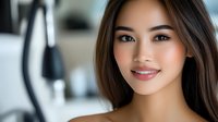 Young Asian woman with natural makeup and long dark hair smiling warmly at camera against blurred light background, expressing confidence and friendliness.